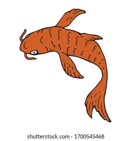 Peces aislados ilustraciones dibujadas a mano. Dibujo original de época de natación de animales de agua roja. Icono de logotipo de marisco.