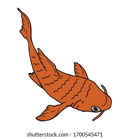 Fish isolated hand drawn illustration. Red water animal swimming original vintage drawing. Sea food single logo icon. Simple cartoon character. 