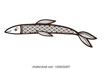 Fish isolated on white background. Vector illustration of sea creatures in sketch style. Hand drawn. Coloring book for adults