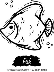 Fisch einzeln auf weißem Hintergrund. Vintage schwarze Vektorgrafikgrafik. Handgezeichnet in grafischem Stil.