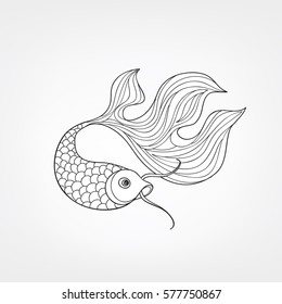 Fish isolated on white background. Doodle Line Art  pattern of underwater marine life in retro chinese style.