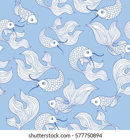 Fish isolated on white background. Doodle Line Art Seamless pattern of underwater marine life in retro chinese style.