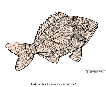 Fish isolated on white, ornamental graphic fish, floral line pattern. Vector. Zentangle. Hand drawn artwork. Bohemia concept for restaurant menu card, branding, logo label. Black and white, beige