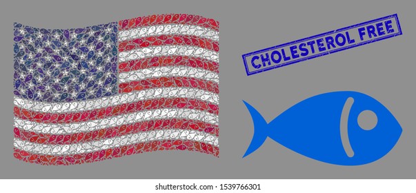 Fish items are combined into USA flag abstraction with blue rectangle grunge stamp watermark of Cholesterol Free caption. Vector concept of USA waving official flag is designed with fish items.