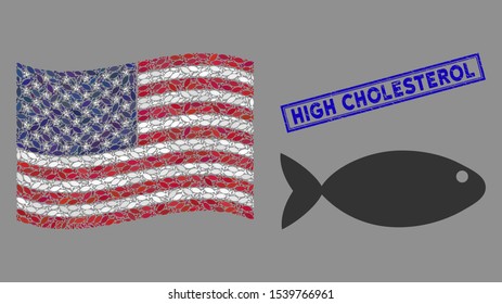 Fish items are organized into USA flag abstraction with blue rectangle grunge stamp seal of High Cholesterol caption. Vector concept of USA waving official flag is organized from fish items.