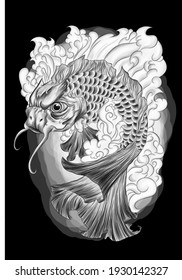 Fish Japanese Carp Black Sketch Tattoo Drawing Vector Illustration