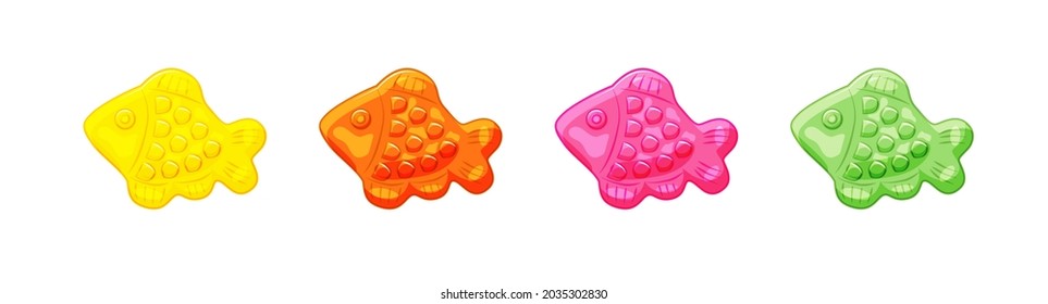 Fish jelly vitamins candy set. Healthy gummy sweets. Vector cartoon illustration on a white isolated background.