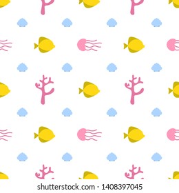
fish, jellyfish, corals and seashells pattern. 
marine pattern