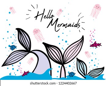 fish jellyfish mermaid sea girl tee slogan illustration art vector 