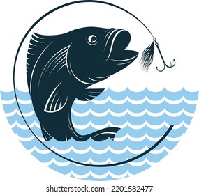 The fish jump for bait. Fish on a background of blue waves. Fishing and hobby silhouette
