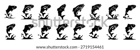 fish jump silhouette icon set