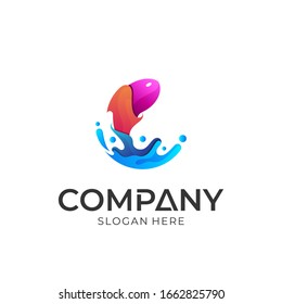 Fish jump with water splash logo vector