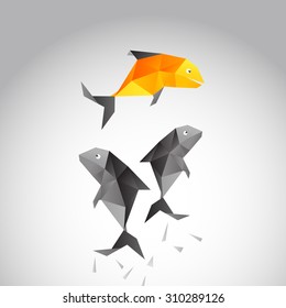 Fish jumping above the sea with vector polygon design 