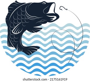 The fish are jumping for the bait. Big fish on blue waves. Design for fishing and hobby