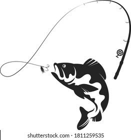 Fish jumping for bait and fishing rod silhouette	