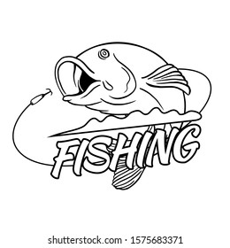 Fish jumping for bait hook line art vector illustration for fishing logo design