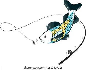 Fish jumping for bait on the hook of a fishing rod silhouette	