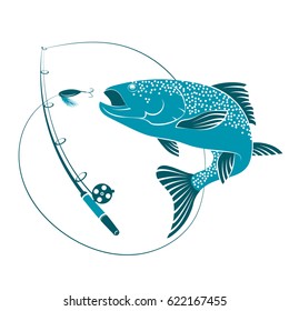 Fish jumping for bait and rod. Silhouettes for sport fishing.
