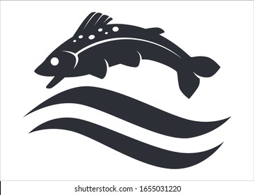 Pescado saltando y buceando en silueta de olas aislado en blanco. Atún de agua y atún de animales submarinos o salmón sobre el agua en color negro logo. Dibujo de caricaturas de mariscos, icono del restaurante vectorial