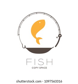 Fish jumping in Fishing rod and pan frame circle shape, logo icon set design illustration isolated on white background with Fish text and copy space