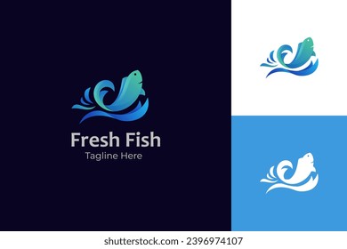 Fish Jumping gradient logo icon design. Fish Wave Water graphic Symbol vector template