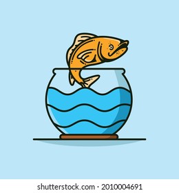 Fish jumping out of aquarium vector icon illustration