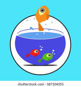 Fish jumping out of the aquarium. Aquarium fish. Vector illustration of a funny cartoon aquarium fish.