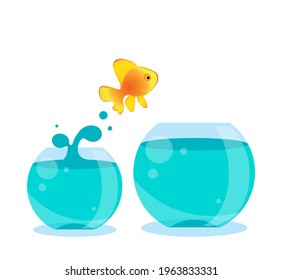 Fish jumping out of bowl. Opportunity, challenge and chance cartoon vector illustration, success concept