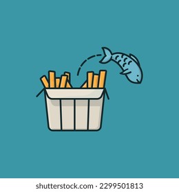 Fish jumping out of chips box vector illustration for Fish And Chips Day on June 4