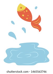 Fish jumping out of lake isolated cartoon style marine or river animal. Vector fishing sport hobby logo, red trout and water, drops of aqua and saltwater habitat. Flat cartoon