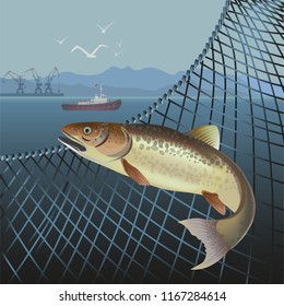 Fish jumping out of the net. Sea landscape. Vector illustration