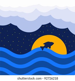 fish jumping out of ocean with bright night moon vector design