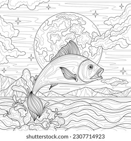 Fish jumping out of the sea against the backdrop of the moon.Coloring book antistress for children and adults. Illustration isolated on white background.Zen-tangle style. Hand draw