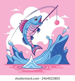A fish jumping out of the water with a fishing rod