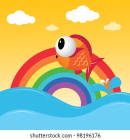 Fish jumping out of the water with rainbow