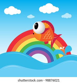 Fish jumping out of the water with rainbow