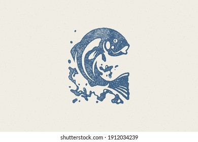 Fish jumping out from water silhouette for fishing club or seafood market hand drawn stamp effect vector illustration. Vintage grunge texture emblem for package and menu design or label decoration.