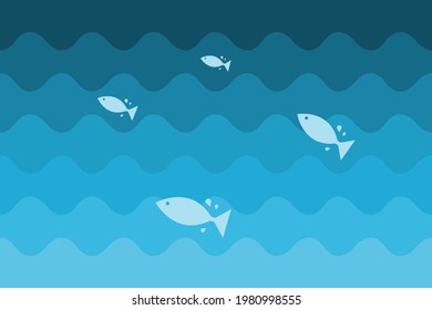 Los peces saltan del agua. Simple ilustración vectorial con fondo de olas marinas.