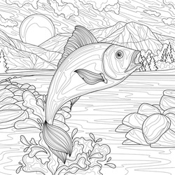 Fish Jumping Out Of The Water.Coloring Book Antistress For Children And Adults. Illustration Isolated On White Background.Zen-tangle Style. Hand Draw