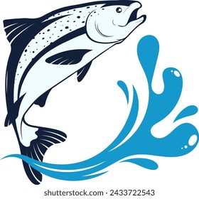 Fish jumping over blue waves. Design for fishing and sport fishing