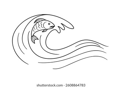 Fish Jumping Over Wave Outline Illustration Vector Design Element Graphic