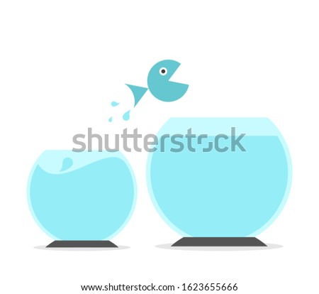 Fish jumping from small to big fishbowl. Abundance and scarcity mentality, improvement, ambition, opportunity and change concept. Flat design. EPS 8 vector illustration, no transparency, no gradients