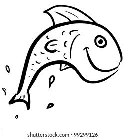 Fish jumping smiling character. Hand drawing sketch vector illustration