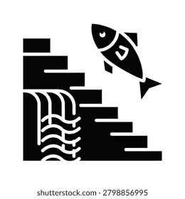 Fish jumping up waterfall icon representation with waterfall wildlife movement