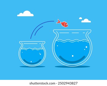 A fish jumps into a large aquarium bowl. Vector Illustration