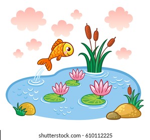 Fish jumps into the pond. Vector illustration with lake and fish.