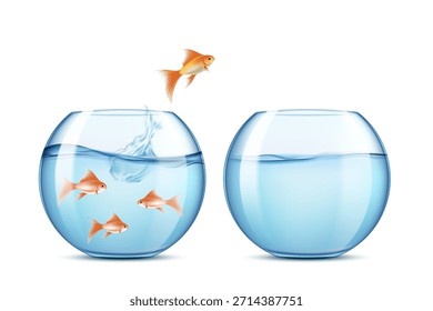Los peces saltan de un acuario a otro. Ilustración vectorial aislada en un fondo blanco.