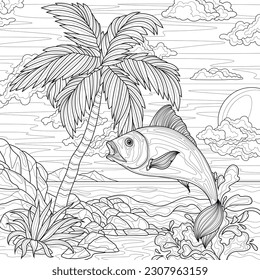 El pescado salta del agua con las palmeras y el mar como telón de fondo. La antiestrés del libro colorido para niños y adultos. Ilustración aislada en fondo blanco.Dibujo manual