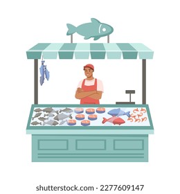 quiosco de pescado, puesto de calle aislado con una gran variedad de productos del mar. Vendedor de varios pescados, filete de salmón. Dibujo plano, ilustración vectorial