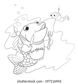 Fish with knife and fork in the fins preparing to eat the worm. Coloring book.